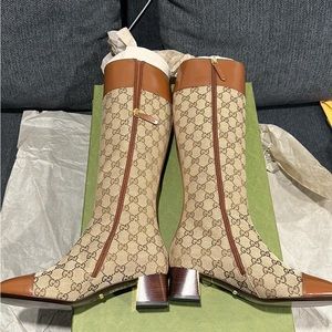 Gucci Monogram Cordovan Lux GG Knee High Boots 37 Beige Cuir